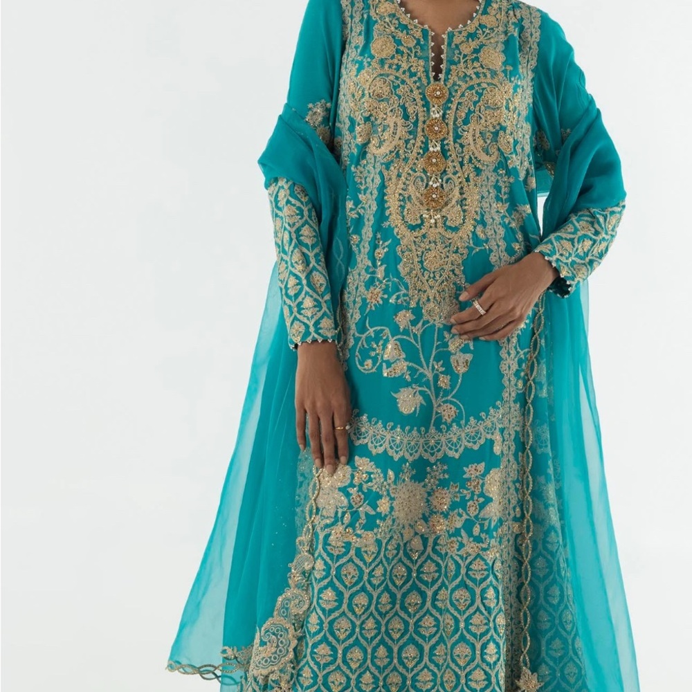 Pakistani Elegant Teal and Gold Embroidered Dress